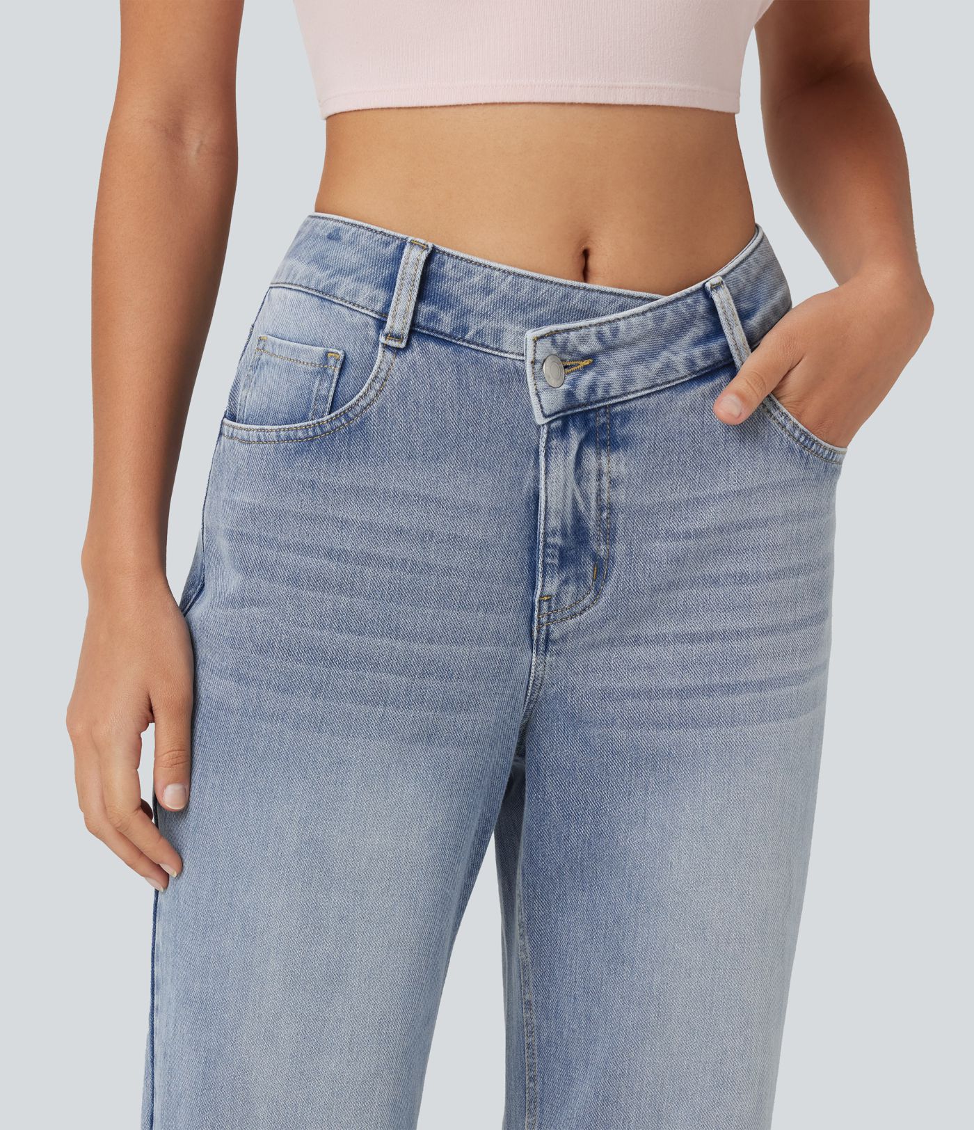 Halara Flex™ Asymmetric Mid Rise Straight Leg Casual Jeans with Pockets Halara Flex™ Asymmetric Mid Rise Straight Leg Casual Jeans with Pockets