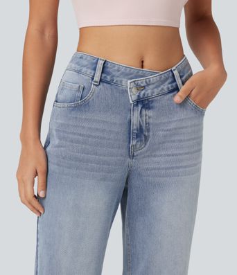 Halara Flex™ Asymmetric Mid Rise Straight Leg Casual Jeans with Pockets Halara Flex™ Asymmetric Mid Rise Straight Leg Casual Jeans with Pockets