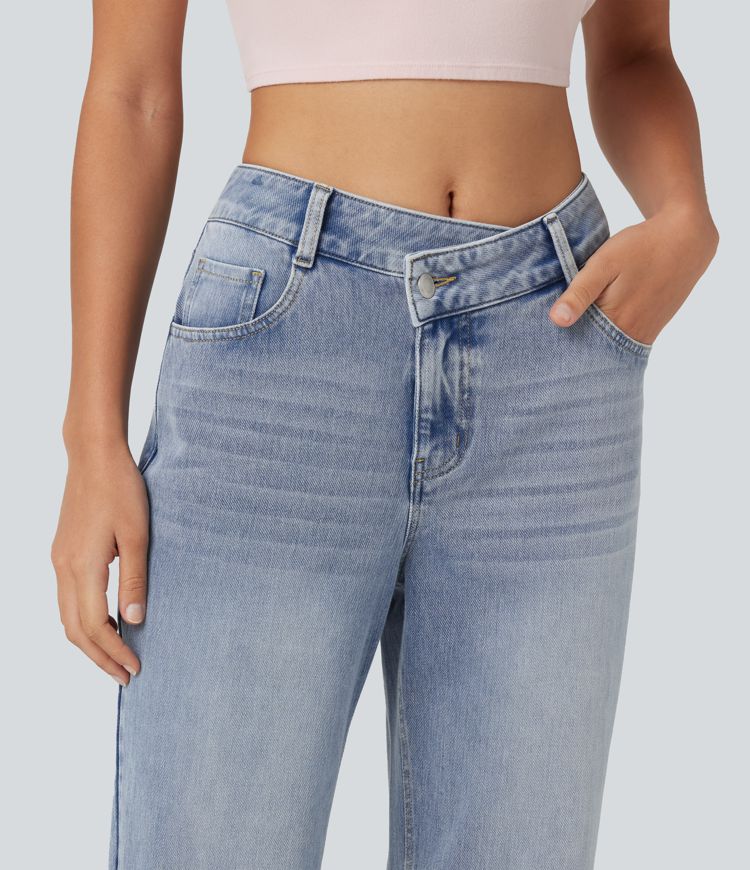 Halara Flex™ Asymmetric Mid Rise Straight Leg Casual Jeans with Pockets Halara Flex™ Asymmetric Mid Rise Straight Leg Casual Jeans with Pockets