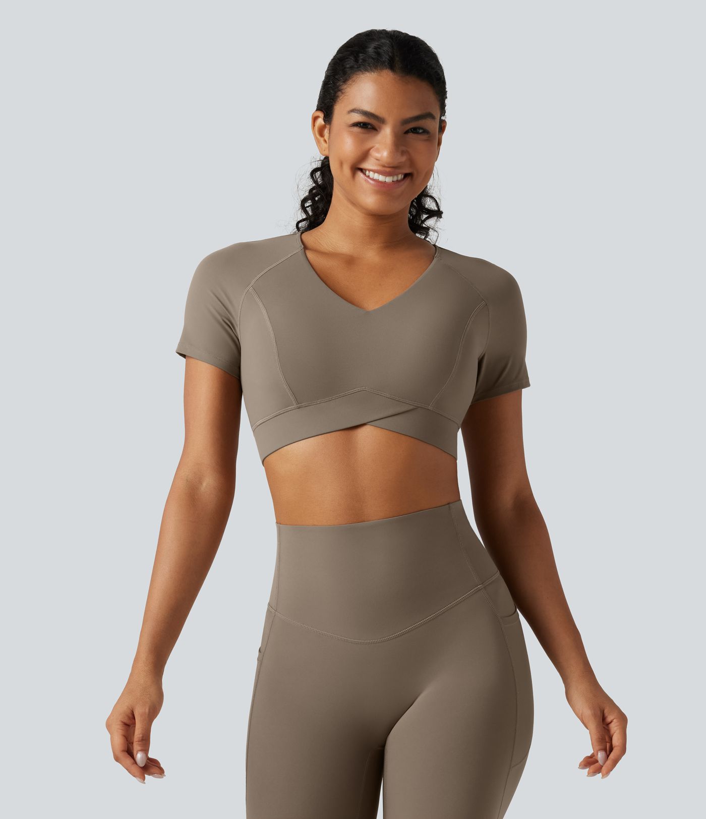 Halara UltraSculpt™ V Neck Built-in Bra Short Sleeve Crossover Hem Cropped Workout Sports Top DD-F Cups Halara UltraSculpt™ V Neck Built-in Bra Short Sleeve Crossover Hem Cropped Workout Sports Top DD-F Cups