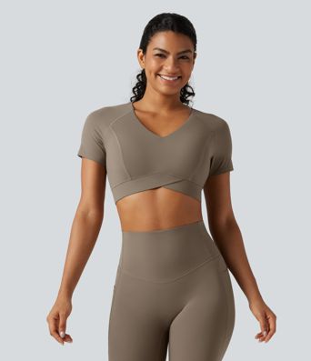 Halara UltraSculpt™ V Neck Built-in Bra Short Sleeve Crossover Hem Cropped Workout Sports Top DD-F Cups Halara UltraSculpt™ V Neck Built-in Bra Short Sleeve Crossover Hem Cropped Workout Sports Top DD-F Cups