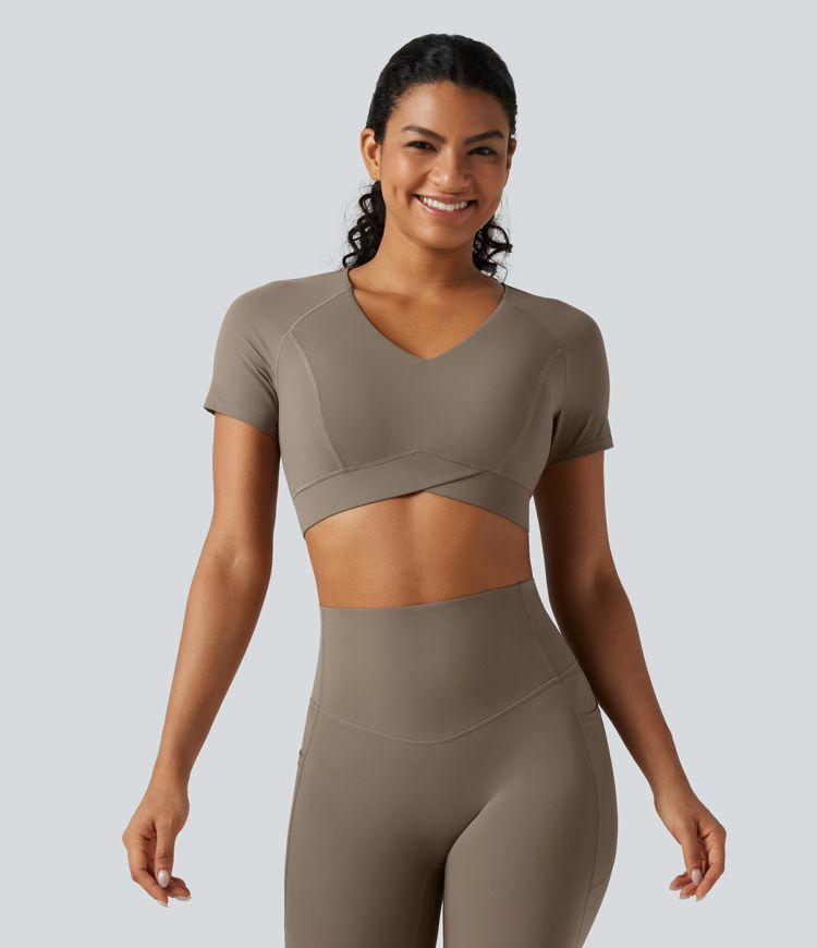 Halara UltraSculpt™ V Neck Built-in Bra Short Sleeve Crossover Hem Cropped Workout Sports Top DD-F Cups Halara UltraSculpt™ V Neck Built-in Bra Short Sleeve Crossover Hem Cropped Workout Sports Top DD-F Cups