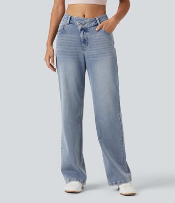 Halara Flex™ Asymmetric Mid Rise Straight Leg Casual Jeans with Pockets Halara Flex™ Asymmetric Mid Rise Straight Leg Casual Jeans with Pockets