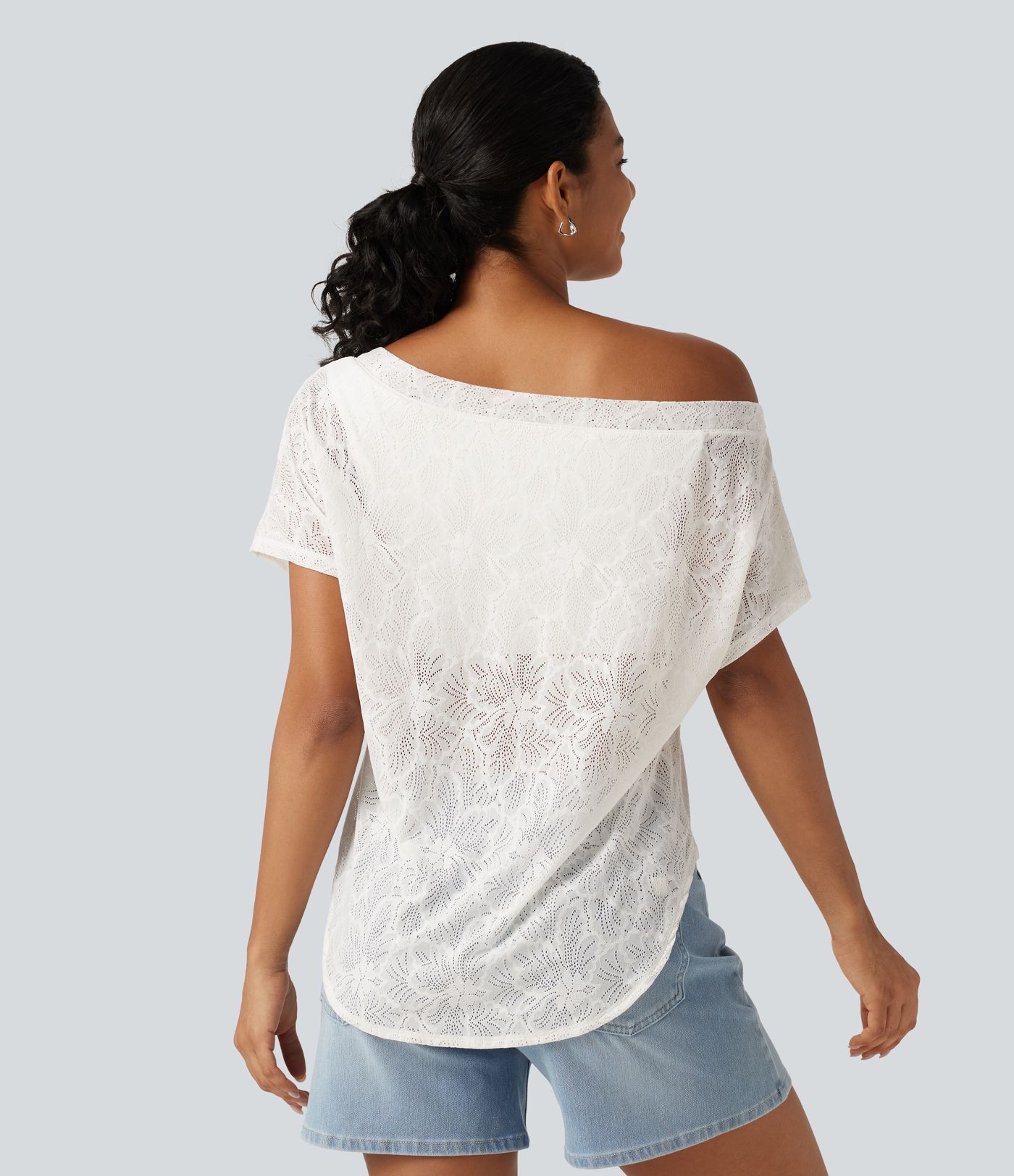 One Shoulder Short Sleeve Built-in Bra Curved Hem High Low Lace Casual Top One Shoulder Short Sleeve Built-in Bra Curved Hem High Low Lace Casual Top