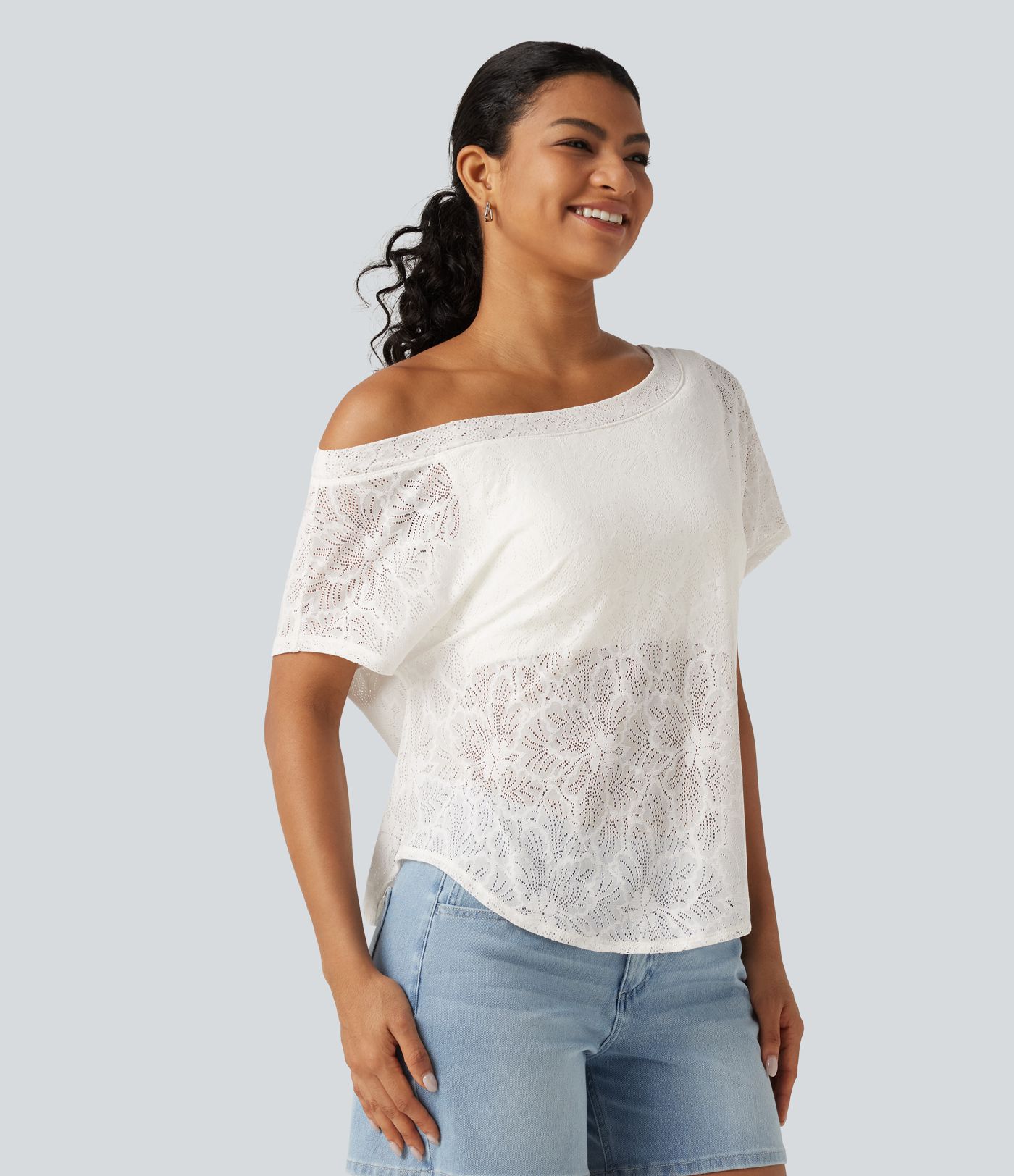 One Shoulder Short Sleeve Built-in Bra Curved Hem High Low Lace Casual Top One Shoulder Short Sleeve Built-in Bra Curved Hem High Low Lace Casual Top