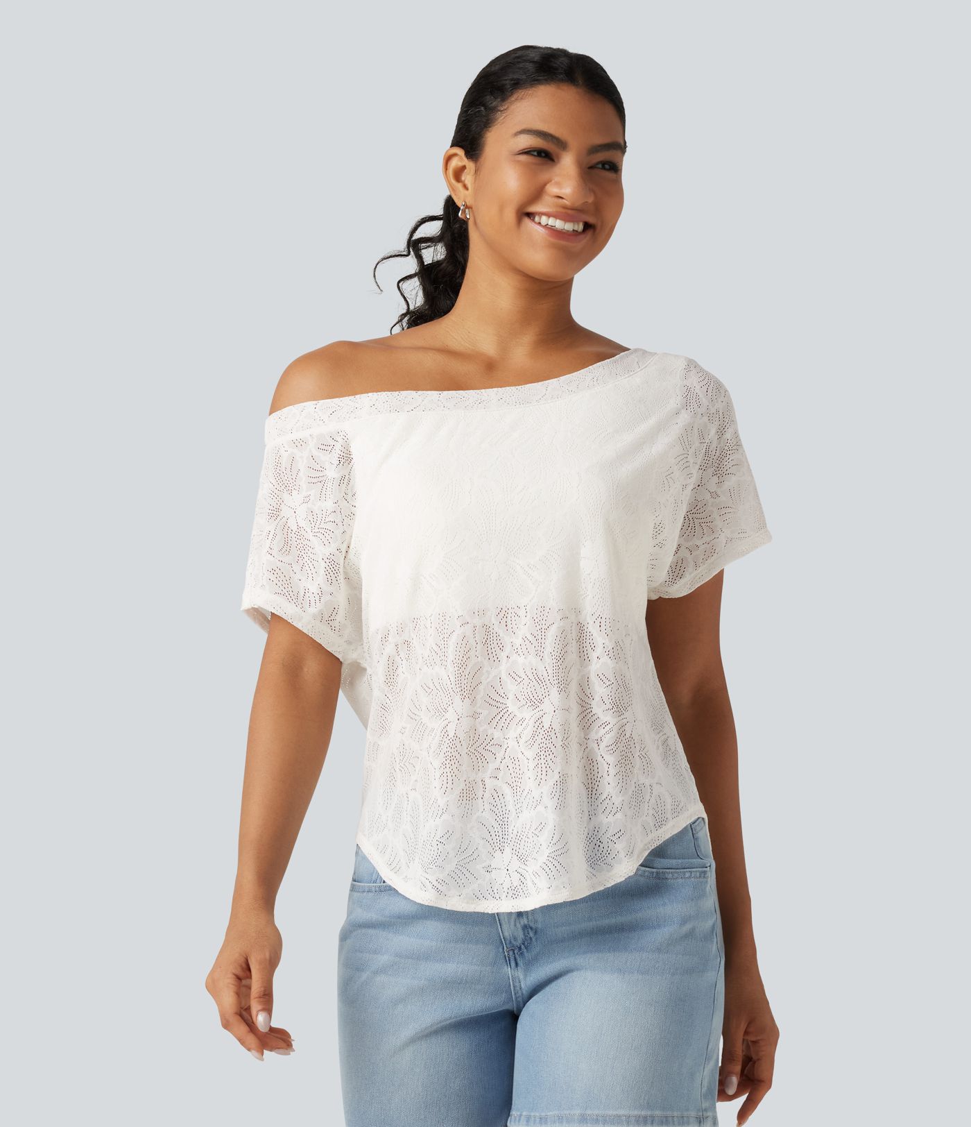 One Shoulder Short Sleeve Built-in Bra Curved Hem High Low Lace Casual Top One Shoulder Short Sleeve Built-in Bra Curved Hem High Low Lace Casual Top