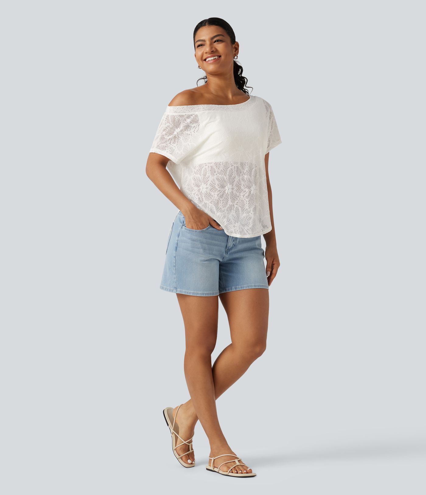 One Shoulder Short Sleeve Built-in Bra Curved Hem High Low Lace Casual Top One Shoulder Short Sleeve Built-in Bra Curved Hem High Low Lace Casual Top