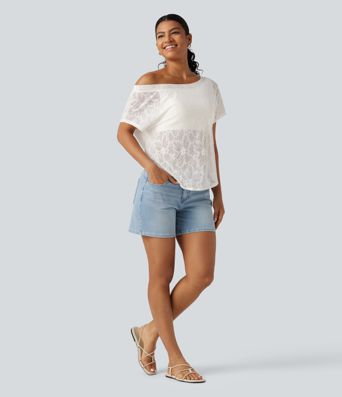 One Shoulder Short Sleeve Built-in Bra Curved Hem High Low Lace Casual Top One Shoulder Short Sleeve Built-in Bra Curved Hem High Low Lace Casual Top