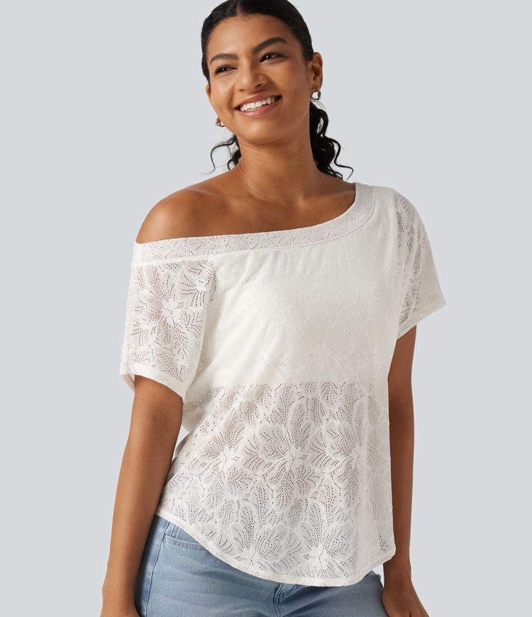 One Shoulder Short Sleeve Built-in Bra Curved Hem High Low Lace Casual Top One Shoulder Short Sleeve Built-in Bra Curved Hem High Low Lace Casual Top