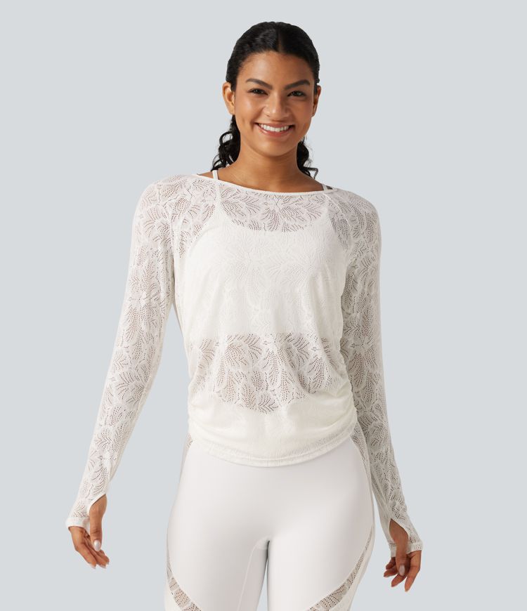 Cut Out Long Sleeve Thumb Hole Ruched Lace Yoga Sports Top Cut Out Long Sleeve Thumb Hole Ruched Lace Yoga Sports Top