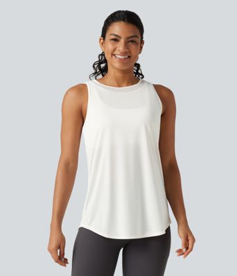 Lauf-Tanktop mit Kontrast-Mesh und abgerundetem Saum - extralang Lauf-Tanktop mit Kontrast-Mesh und abgerundetem Saum - extralang