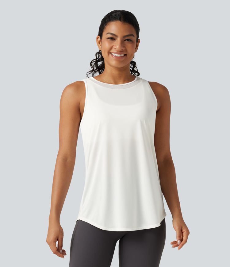Lauf-Tanktop mit Kontrast-Mesh und abgerundetem Saum - extralang Lauf-Tanktop mit Kontrast-Mesh und abgerundetem Saum - extralang