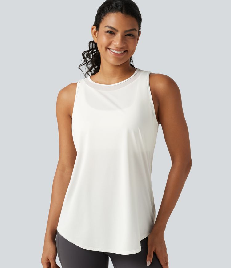 Lauf-Tanktop mit Kontrast-Mesh und abgerundetem Saum - extralang Lauf-Tanktop mit Kontrast-Mesh und abgerundetem Saum - extralang