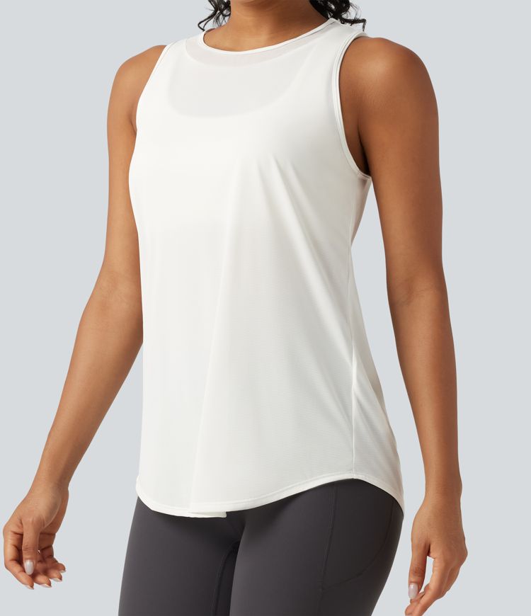 Lauf-Tanktop mit Kontrast-Mesh und abgerundetem Saum - extralang Lauf-Tanktop mit Kontrast-Mesh und abgerundetem Saum - extralang