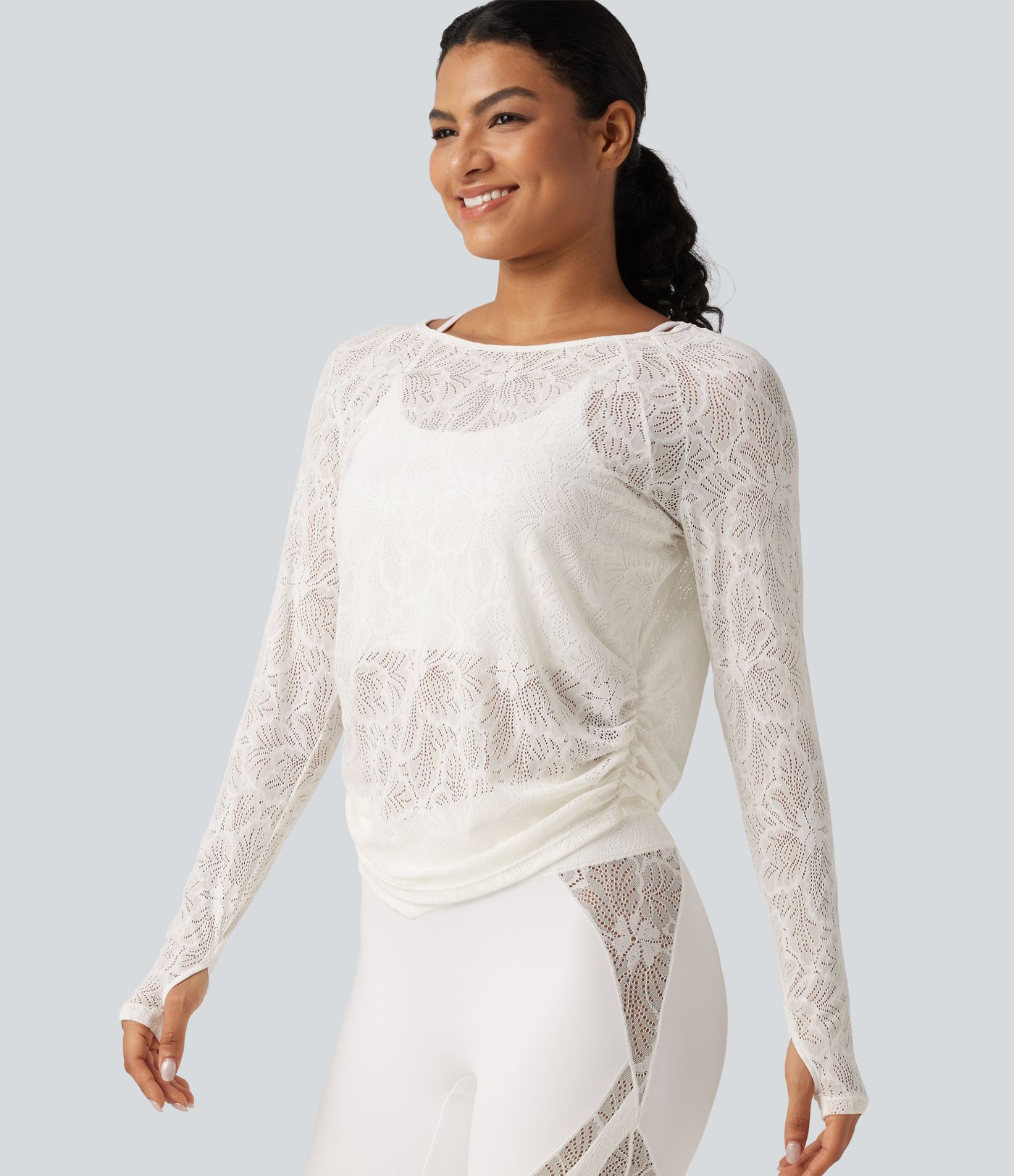 Cut Out Long Sleeve Thumb Hole Ruched Lace Yoga Sports Top Cut Out Long Sleeve Thumb Hole Ruched Lace Yoga Sports Top