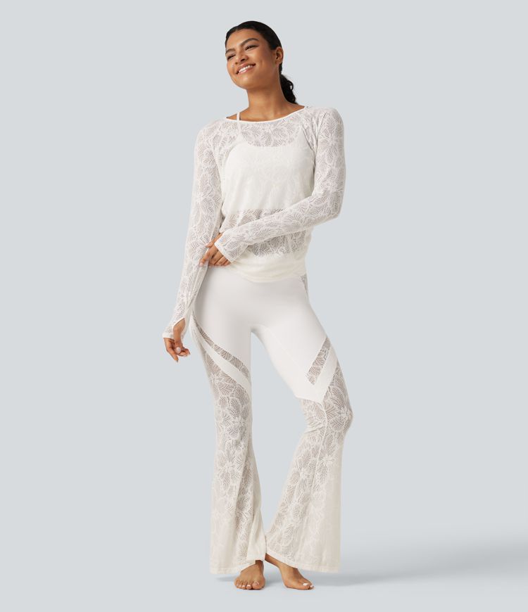 Cut Out Long Sleeve Thumb Hole Ruched Lace Yoga Sports Top Cut Out Long Sleeve Thumb Hole Ruched Lace Yoga Sports Top