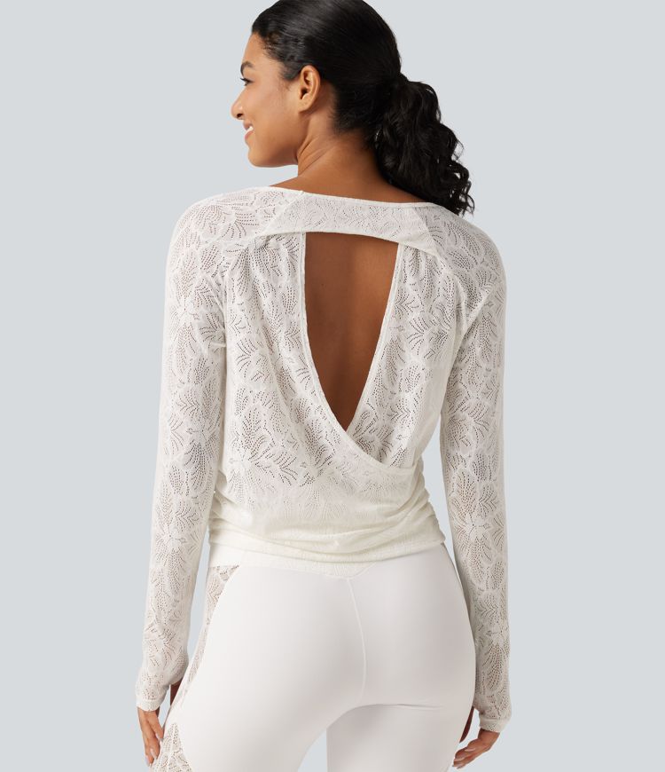 Cut Out Long Sleeve Thumb Hole Ruched Lace Yoga Sports Top Cut Out Long Sleeve Thumb Hole Ruched Lace Yoga Sports Top