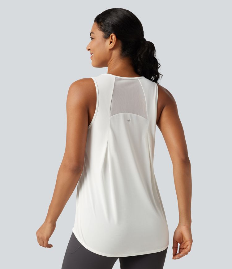 Lauf-Tanktop mit Kontrast-Mesh und abgerundetem Saum - extralang Lauf-Tanktop mit Kontrast-Mesh und abgerundetem Saum - extralang