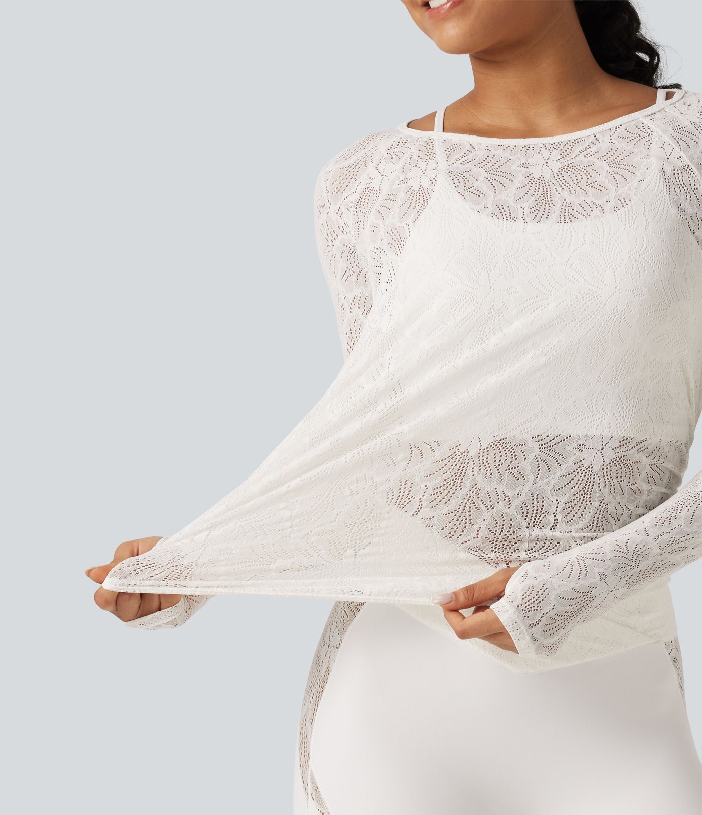 Cut Out Long Sleeve Thumb Hole Ruched Lace Yoga Sports Top Cut Out Long Sleeve Thumb Hole Ruched Lace Yoga Sports Top