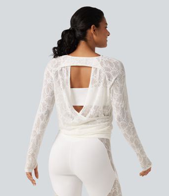 Cut Out Long Sleeve Thumb Hole Ruched Lace Yoga Sports Top Cut Out Long Sleeve Thumb Hole Ruched Lace Yoga Sports Top