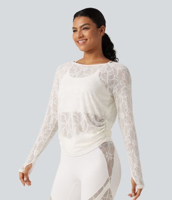 Cut Out Long Sleeve Thumb Hole Ruched Lace Yoga Sports Top Cut Out Long Sleeve Thumb Hole Ruched Lace Yoga Sports Top