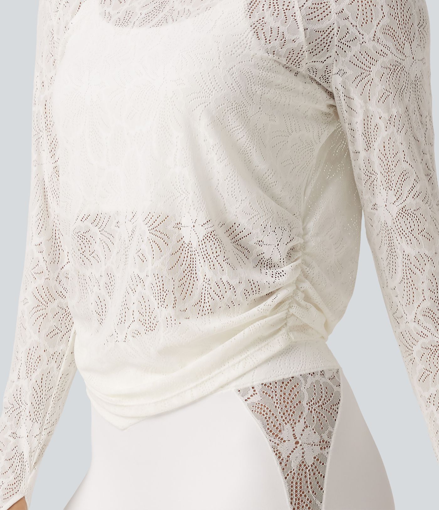 Cut Out Long Sleeve Thumb Hole Ruched Lace Yoga Sports Top Cut Out Long Sleeve Thumb Hole Ruched Lace Yoga Sports Top