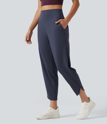 High Waisted Inner Drawstring Cropped Curved Hem InstantCool Quick Dry Running Pants with Pockets-UPF50+