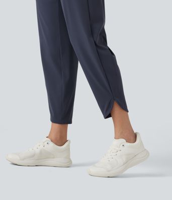 High Waisted Inner Drawstring Cropped Curved Hem InstantCool Quick Dry Running Pants with Pockets-UPF50+