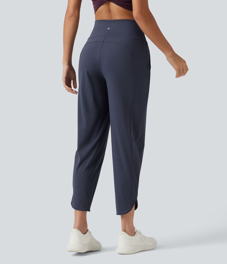 High Waisted Inner Drawstring Cropped Curved Hem InstantCool Quick Dry Running Pants with Pockets-UPF50+