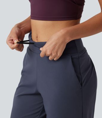 High Waisted Inner Drawstring Cropped Curved Hem InstantCool Quick Dry Running Pants with Pockets-UPF50+