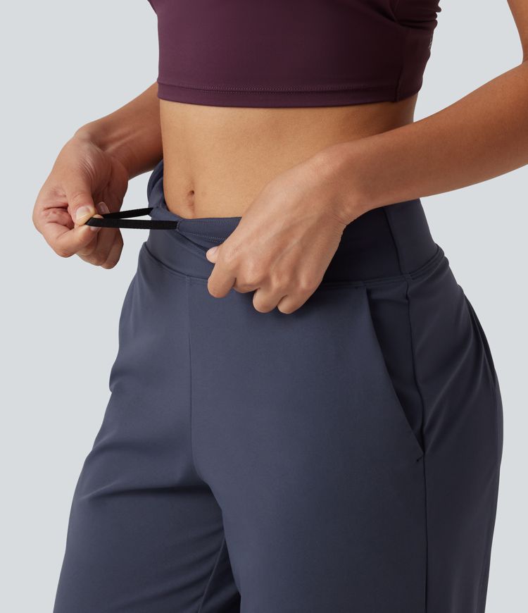 High Waisted Inner Drawstring Cropped Curved Hem InstantCool Quick Dry Running Pants with Pockets-UPF50+