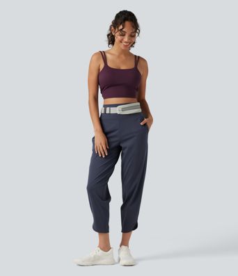 High Waisted Inner Drawstring Cropped Curved Hem InstantCool Quick Dry Running Pants with Pockets-UPF50+