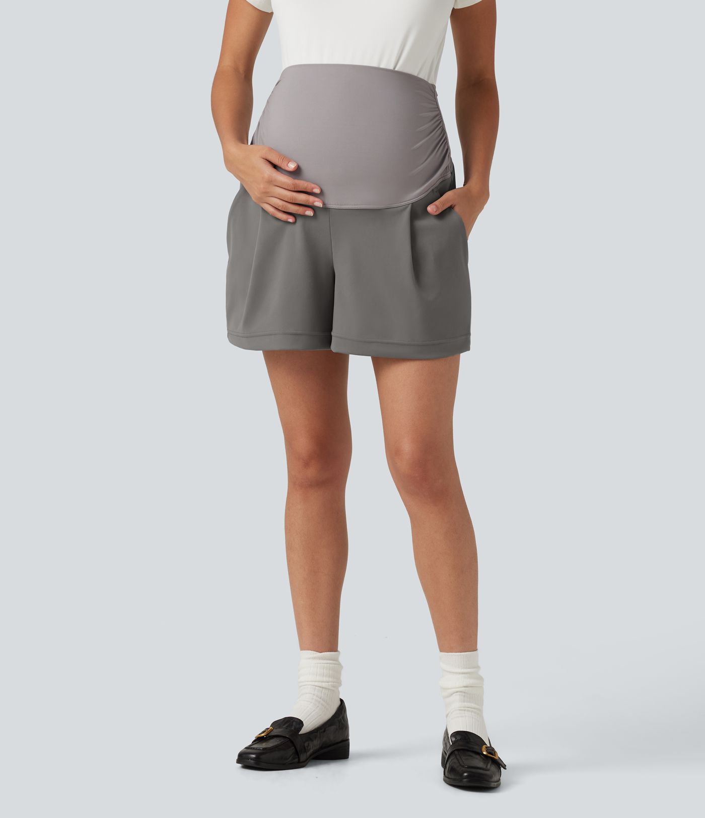 DayStretch Super High Waisted Ruched Work Bagyy Maternity Shorts 4'' with Pockets DayStretch Super High Waisted Ruched Work Bagyy Maternity Shorts 4'' with Pockets
