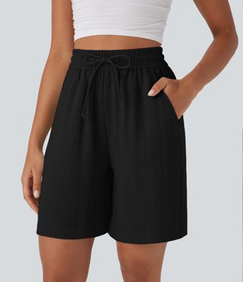High Waisted Drawstring Casual Linen-Feel Shorts with Pockets High Waisted Drawstring Casual Linen-Feel Shorts with Pockets