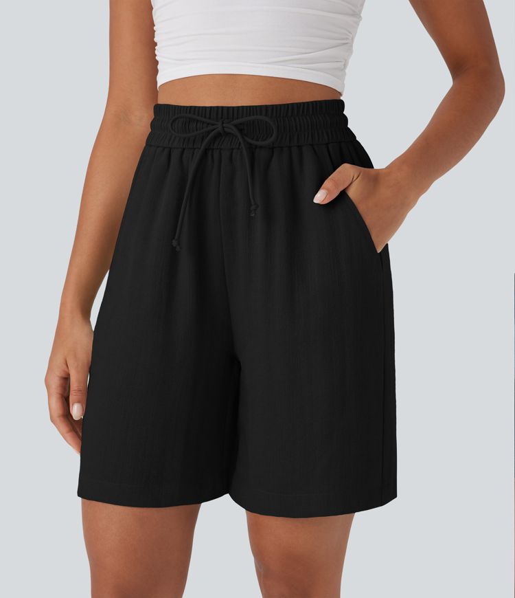 High Waisted Drawstring Casual Linen-Feel Shorts with Pockets High Waisted Drawstring Casual Linen-Feel Shorts with Pockets