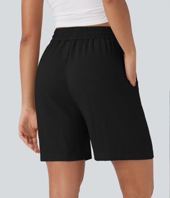 Short taille haute décontracté à cordon, effet lin, avec poches