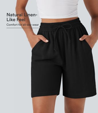 High Waisted Drawstring Casual Linen-Feel Shorts with Pockets High Waisted Drawstring Casual Linen-Feel Shorts with Pockets