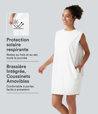Robe active mini de yoga à col rond avec coussinets amovibles, poches et protection solaire UPF 50+