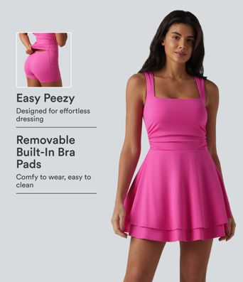 SoftlyZero™ Robe active mini de yoga 2-en-1 superposée, sans manches, col carré aérien, soutien-gorge intégré, InstantCool, poches — Édition Easy Peezy