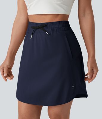 High Waisted Drawstring 2-in-1 Curved Hem Mini Golf Skirt with Pockets-Longer Length