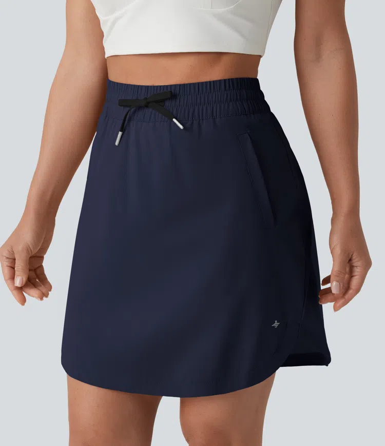 High Waisted Drawstring 2-in-1 Curved Hem Mini Golf Skirt with Pockets-Longer Length
