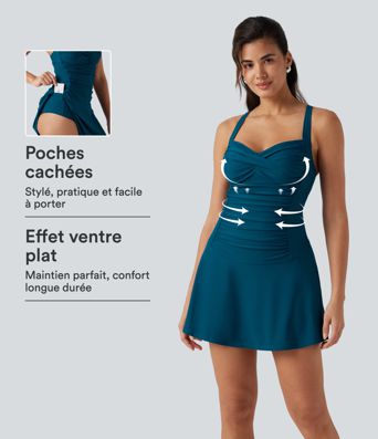 Robe de bain 2-en-1 push-up gainante à encolure Queen Anne avec bretelles ajustables, design torsadé, fronces, brassière intégrée et poches Robe de bain 2-en-1 push-up gainante à encolure Queen Anne avec bretelles ajustables, design torsadé, fronces, brassière intégrée et poches
