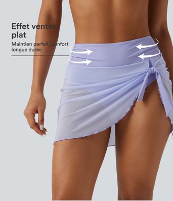 Bas de bikini 2-en-1 gainant taille haute en mesh avec fronces, lien et ourlet asymétrique 7,5 cm Bas de bikini 2-en-1 gainant taille haute en mesh avec fronces, lien et ourlet asymétrique 7,5 cm