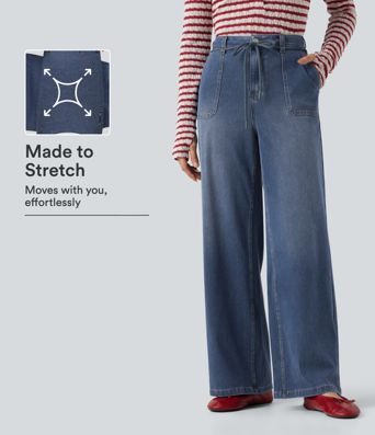 Halara Flex™ Mid Rise Drawstring Casual Baggy Straight Leg Jeans with Pockets