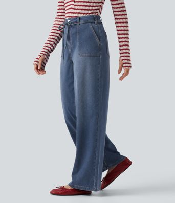 Halara Flex™ Mid Rise Drawstring Casual Baggy Straight Leg Jeans with Pockets