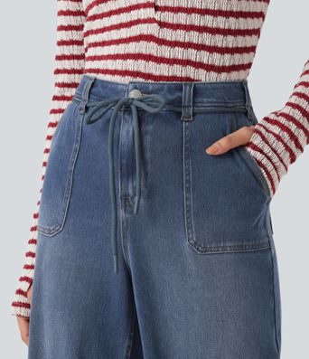 Halara Flex™ Mid Rise Drawstring Casual Baggy Straight Leg Jeans with Pockets