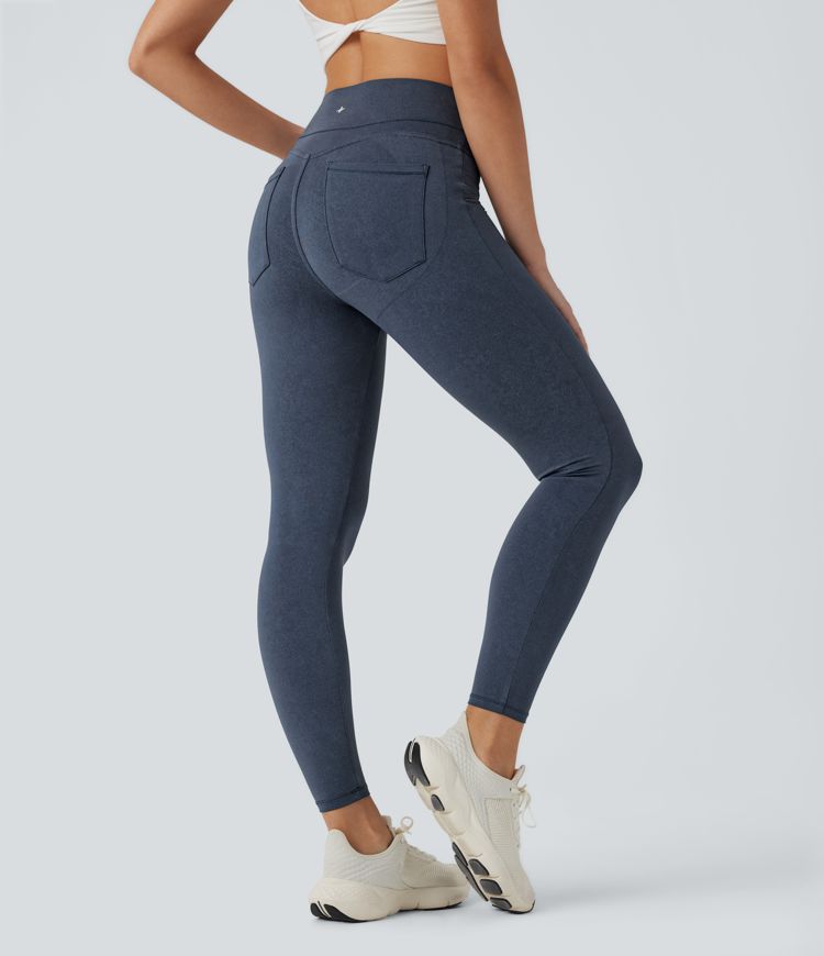 Blue Fade Halara UltraSculpt™ Denim-Print, hoch taillierte, bauchformende und gesäßstraffende Yogaleggings mit Taschen / 1