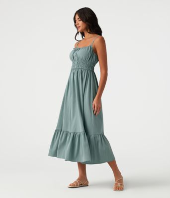 Tie Front Flowy Midi Casual Linen-Feel Slip Dress Tie Front Flowy Midi Casual Linen-Feel Slip Dress