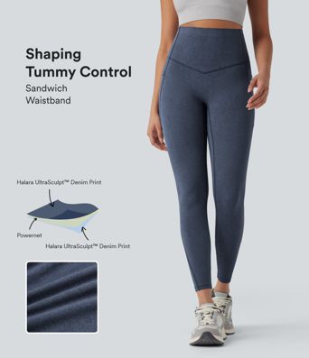 Halara UltraSculpt™ - Yoga-Leggings mit hohem Bund, Seitentaschen, Bauchkontrolle und Denim-Print