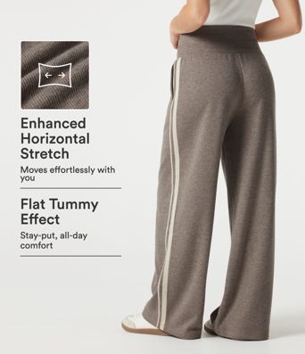 Lässige, gerippte Baggy-Hose mit hohem Bund, Seitentaschen, Bauchkontrolle, Kordelzug und seitlichen Streifen